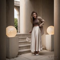 Lasaky - Elegant High-Waisted Satin Midi Skirt High Waist Lined Skirt For Fall, Beige Flared Evening Skirt, Chic Long Skirt Bottoms For Winter, Chic Wide Leg Winter Skirt, Fall Long Skirt For Night Out, Chic High-waist Beige Maxi Skirt, Elegant Midi Skirt For Fall, Chic Beige High-waist Maxi Skirt, Chic Beige High Waist Maxi Skirt