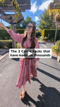 a woman wearing glasses is walking down the street with her arms in the air and text that reads, the 3 can't hacks that have made me thousands