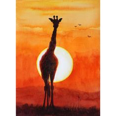 a painting of a giraffe standing in front of the sun