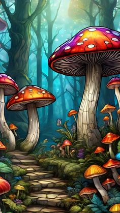 a painting of many mushrooms in the forest