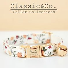 a white floral dog collar with gold buckles and nameplate on the front side