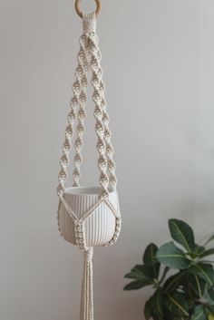 a macrame plant holder hanging from a hook