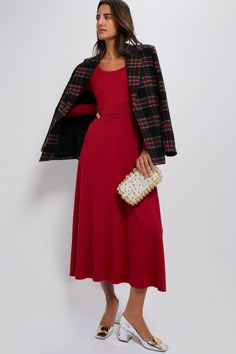 Red Long Sleeve Sara Maxi Dress Tartan Blazer, Cocktail Dress Code, November Fashion, Monogram Outfit, Easy Knit, Elevated Style, Fall Denim, Cocktail Attire, Dress With Long Sleeves