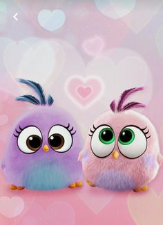 two purple and blue birds with big eyes sitting next to each other on a pink background