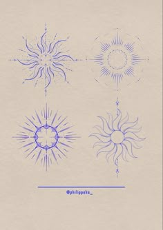 three different types of sun and moon drawings on white paper with blue ink in the middle