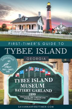 Pinnable graphic with a photo of the Tybee Island Light Station at sunset and the Tybee Island Museum sign. Text overlay reads "First-Timer's Guide to Tybee Island Georgia" and shows the Savannah First-Timer's Guide logo in white on a blue background Things To Do In Tybee Island Ga, Tybee Island Georgia Things To Do, Southern Beans, Tybee Island Restaurants, Savannah Georgia Vacation, Savannah Georgia Travel, Georgia Beaches, Tybee Island Beach, Tybee Island Georgia