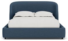 a blue bed with white sheets and pillows on it's headboard, in front of a white background