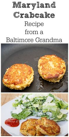 two crab cakes on a plate with lettuce and tomato