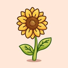 a cartoon sunflower with green leaves and brown center on a pink background is shown