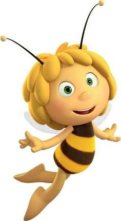 a cartoon bee flying through the air with its legs spread out and eyes wide open