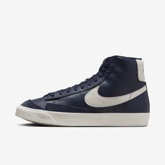 We didn't invent the high top, but we did perfect it. Sleek, simple but never basic, the leather and suede design softens with wear while remaining durable. The Blazer has endured for decades—time to find out why. Nike Blazer Mid 77 Women, Navy Blazer Women, Navy Blazers, Jasmine Wedding, Navy Nike, Nike Blazer Mid 77, Nike Blazer Mid, Nike Blazers Mid, Nike Sneakers Women