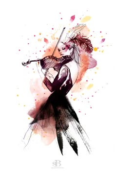 a woman with a violin in her hand and watercolor splashs on the background