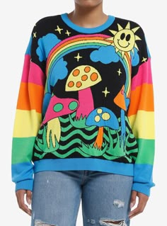 Step out with some pride with this electric sweater on! This knit sweater has rainbow color-blocks on the sleeves and a psychedelic print on the front with mushrooms  a rainbow and a sun.50% rayon; 30% polyester; 20% nylonWash cold; dry flatLength: 26"Stretchy materialImportedModel is 5'9"Model wears size Small Pastel Punk Fashion, Weird Clothes Aesthetic, Clowncore Clothes, Rainbowcore Fashion, Weirdcore Clothes, Sneep Snorp, Weirdcore Outfits, Kidcore Clothes, Kidcore Rainbow