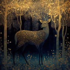 a painting of a deer in the woods