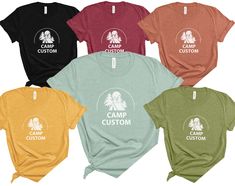 Customize your Summer Camp Tees with your Camp Name! Choose your color and size for each shirt and add what you would like on the shirt in the personalization box and then add to cart. Repeat this process until you have all the shirts you need!  -- Unisex Tees -- 👀 Sizing Info: Please check size chart for accurate size.  Fabric Info: Heather Colors are 52% airlume combed and ringspun cotton, 48% polyester Heather blend shirts are known for their softness and comfort, that is why I love them! HO Camp Tshirt Designs, Summer Camp Shirt, Mountains Camping, Camp Shirts, Kids Camp, Summer Vacation Shirt, Camping Tee, Summer Camps For Kids, Custom Tee