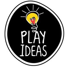 the play ideas logo is shown in black and white with an orange lightbulb above it