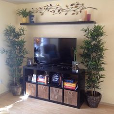 a flat screen tv sitting on top of a black entertainment center next to potted plants