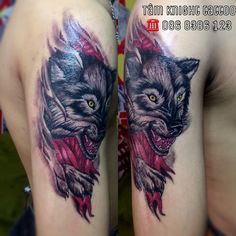 two tattoos on the legs of women with wolfs and roses in their hair,