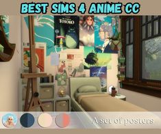 an animated image of a bedroom with posters on the wall