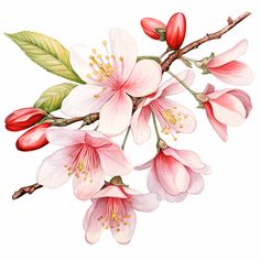 a branch with pink flowers and green leaves on white background, painted in watercolor