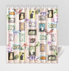 a shower curtain with cats and butterflies on it's side, in front of a white background