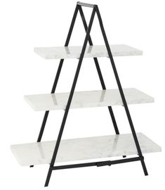 three tiered white marble shelf with black metal legs and two shelves on each side