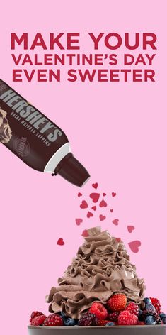 an advertisement for valentine's day with chocolate frosting being poured into a cupcake