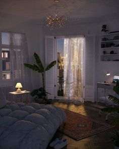 a living room filled with furniture and a chandelier hanging from the ceiling next to a window