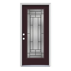 a black door with glass panels and two circles on the bottom half, against a white background