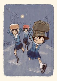 two people with backpacks on their heads running in the rain