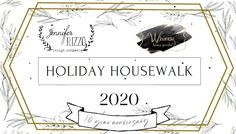 the holiday housewalk logo with an image of leaves and branches in gold frame on white background