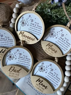 four personalized wooden ornaments with names and date on them, hanging from a string