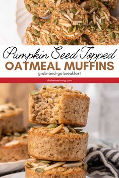 pumpkin seed topped oatmeal muffins stacked on top of each other