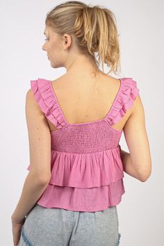 Blouse features a princess neckline, ruffled straps, front tie, tiered bodice and babydoll silhouette. 95% Cotton 5% Spandex Machine wash cold. Model is 5'10" and wearing a Small. Pink Ruffled Square Neck Top, Pink Square Neck Top With Ruffles, Spring Smocked Peplum Top With Ruffles, Pink Tops With Smocked Back And Ruffled Straps, Pink Tops With Ruffled Straps And Details, Fitted Smocked Top With Ruffles And Tiered Skirt, Flowy Peplum Top With Ruffles, Spring Smocked Top With Ruffled Straps And Details, Spring Smocked Top With Ruffles And Ruffled Straps