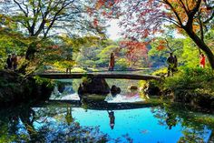 people standing on a bridge over a small pond in a park with trees and water