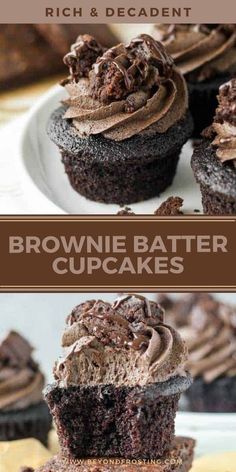 brownie batter cupcakes with chocolate frosting in the middle and on top