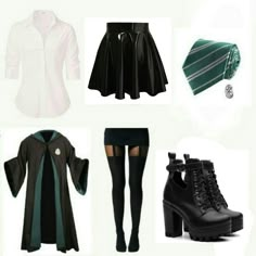 Slytherin Uniform Female Aesthetic, Slytherin Outfit Uniform, Slytherin Fashion Aesthetic, Harry Potter House Outfits, Slytherin Uniform Female, Hogwarts Bag, Harry Potter Outfit Ideas