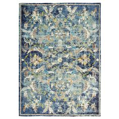 an area rug with blue and yellow flowers on the side, in front of a white background