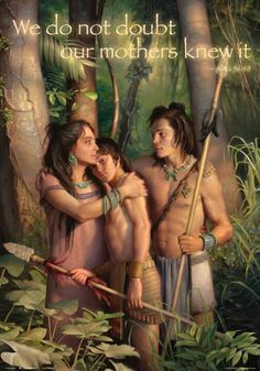 a painting of two people in the woods, one is holding a spear and the other has