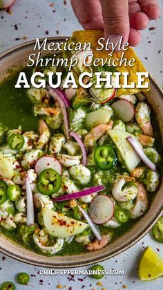 Dipping a chip into the Mexican style shrimp ceviche (Aguachile). Mexican Style Shrimp, Aguachile Recipe, Mexican Ceviche, Canned Seafood, Ceviche Recipe, Shrimp Ceviche, Mexican Dinner Recipes