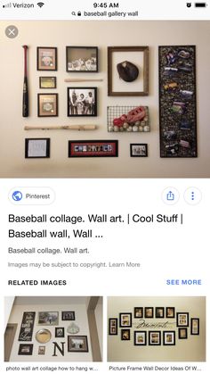 the wall is covered with pictures and framed photos, including baseball memorabilia on it's walls