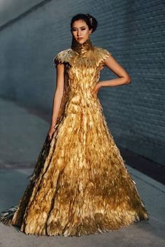 Gold Gilded Feather Couture High Collar Gown - Etsy Gold Couture Dress, Gold Gowns Elegant, Gold Gowns Elegant Classy, Gold Fantasy Dress, Gold Feather Dress, Feather Couture, Collar Gown, Gold Couture, Gilded Glamour