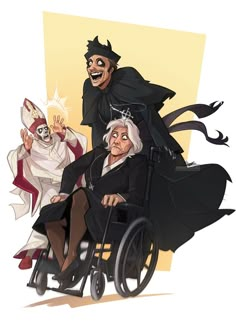 an old woman in a wheel chair being pushed by a man dressed as the devil