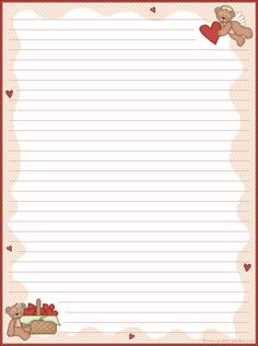 a teddy bear lined paper with hearts on it