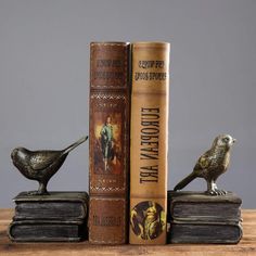 two books are stacked on top of each other, one has a bird figurine