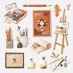 an assortment of arts and crafts items displayed on a white background, including paintbrushes