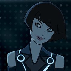 an animated image of a woman with black hair and blue eyes, standing in the dark