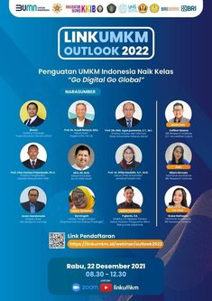 the poster for linkumm outlook 2012 is shown in blue and white with several headshot