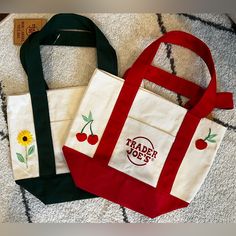 Hand Embroidered Mini Totes! I Have Every Color- Yellow, Blue, Green, And Red. Plain Or Embroidered. Make An Offer! Retro Red Cotton Bag, Mini Totes, Mini Canvas, Green And Red, Mini Tote, Yellow Blue, Yellow Color, Red Yellow, Canvas Tote