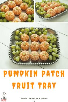 pumpkin patch fruit tray with green grapes and oranges on the top, and an image of